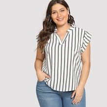 Romwe Plus Striped V Neck Asymmetrical Blouse