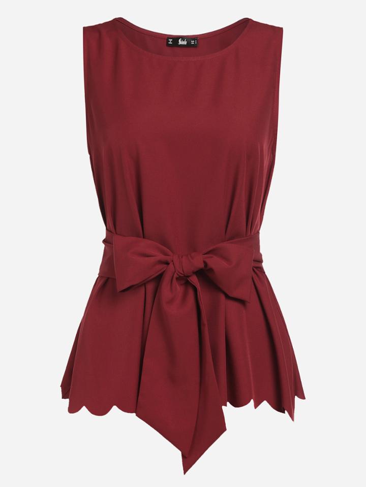 Romwe Scallop Hem Self Belted Shell Top