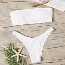 Romwe Ribbed Lace-up Bandeau Top With High Cut Bikini