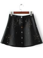 Romwe Black Studded Button Up Pu Skirt