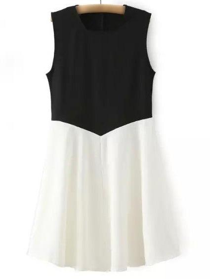 Romwe Black White Sleeveless Zipper Back Skater Dress