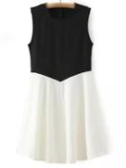 Romwe Black White Sleeveless Zipper Back Skater Dress