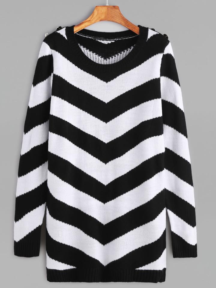 Romwe Black And White Chevron Pattern Buttoned Shoulder Sweater
