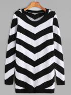 Romwe Black And White Chevron Pattern Buttoned Shoulder Sweater
