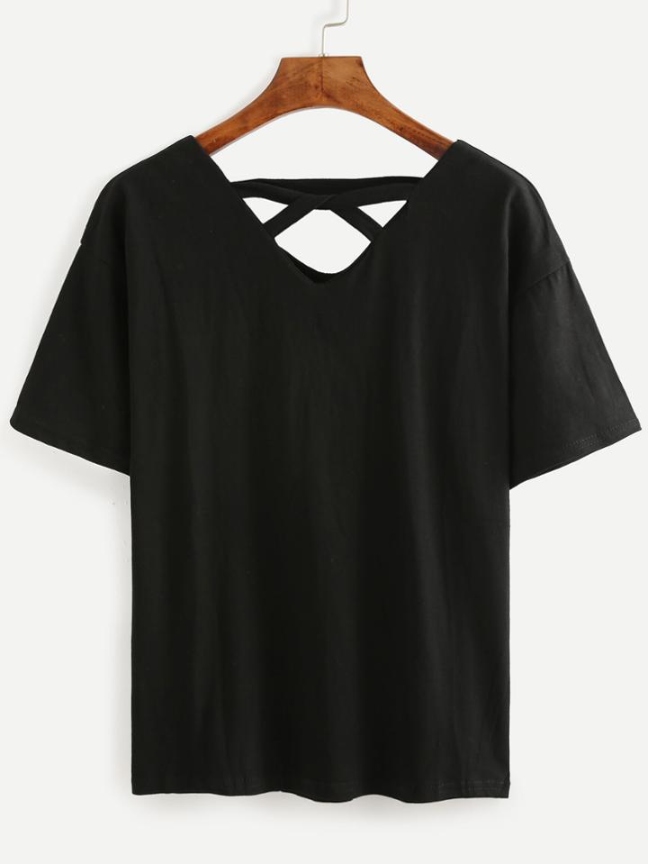 Romwe Black Cutout Back Drop Shoulder T-shirt