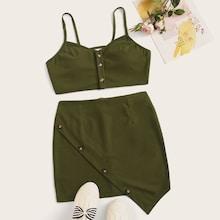 Romwe Button Front Cami Top With Surplice Skirt