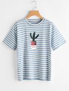 Romwe Contrast Striped Cactus Print Casual T-shirt