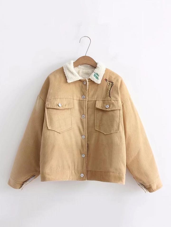 Romwe Giraffe Embroidered Sherpa Lined Jacket