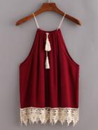 Romwe Lace Trimmed Tasselled Drawstring Neck Top - Burgandy