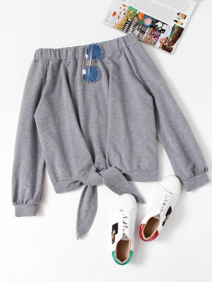 Romwe Off Shoulder Knot Front Sweatshirt