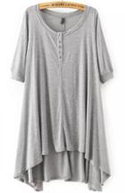 Romwe Grey Short Sleeve Buttons High Low Dress