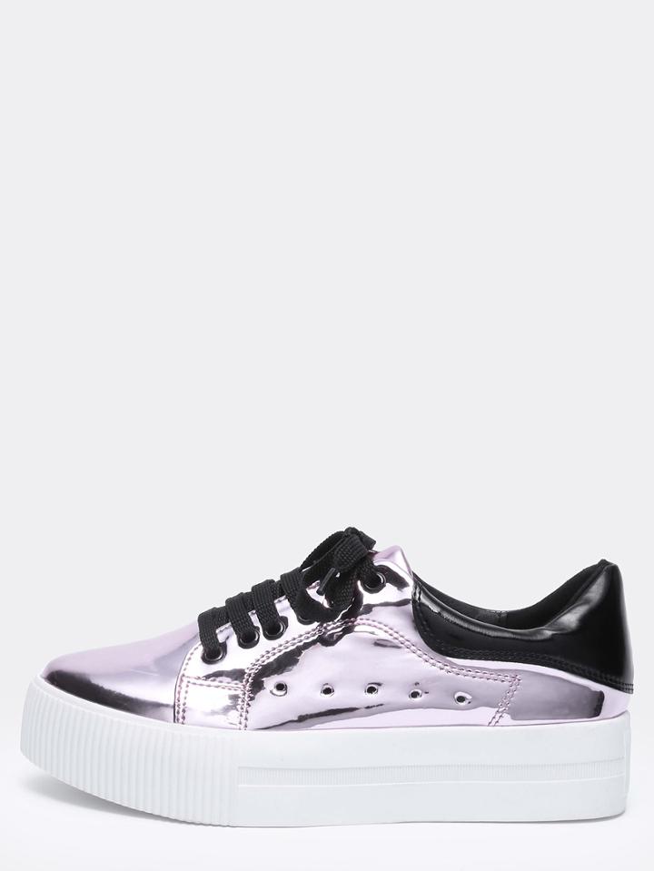 Romwe Pink Lace Up Eyelet Flats