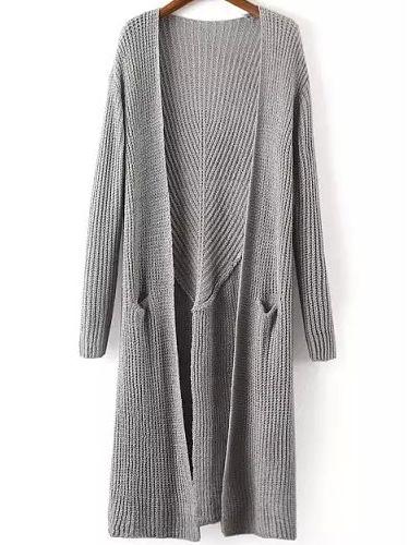 Romwe Long Sleeve Slit Back Grey Cardigan