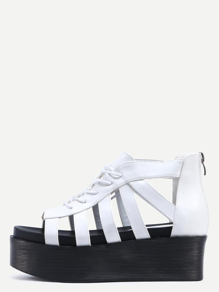 Romwe White Cutout Lace-up Zipper Back Mule Wedges
