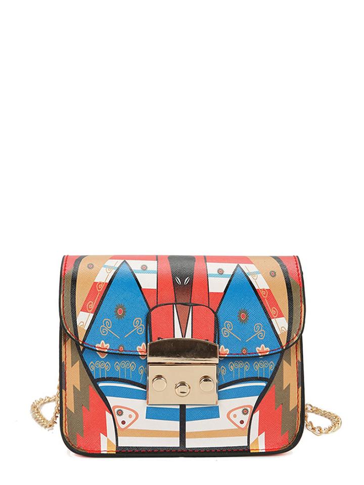 Romwe Multicolor Print Flap Crossbody Chain Bag
