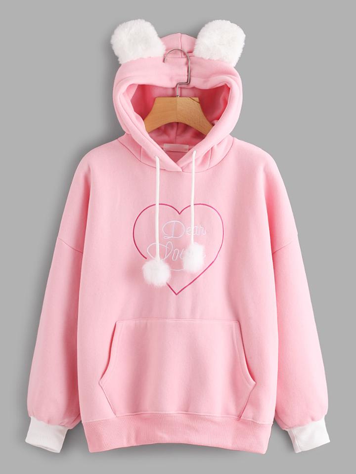Romwe Slogan Embroidery Pom Pom Hoodie