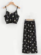 Romwe Calico Print Crop Cami Top With Wide Leg Pants