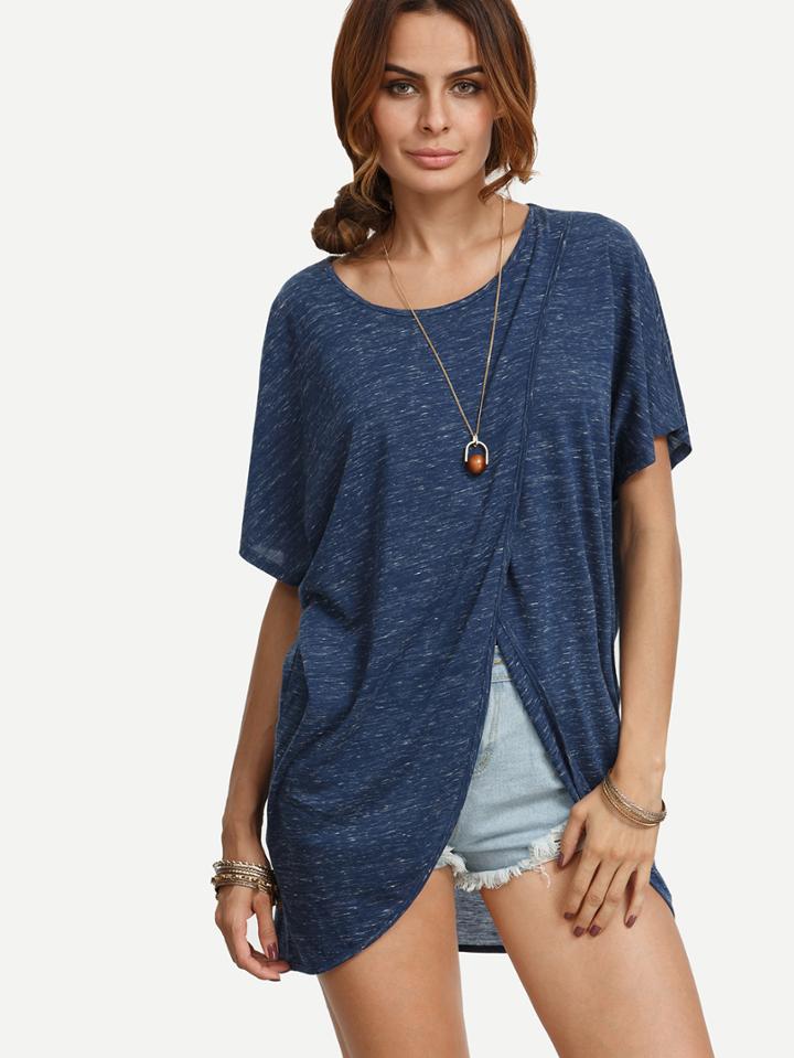 Romwe Navy Short Sleeve Wrap T-shirt