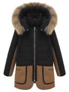 Romwe Hooded Faux Fur Zipper Pockets Black Coat