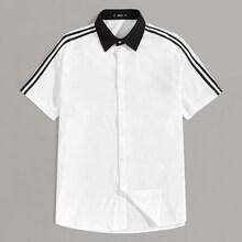 Romwe Guys Contrast Collar Striped Side Shirt