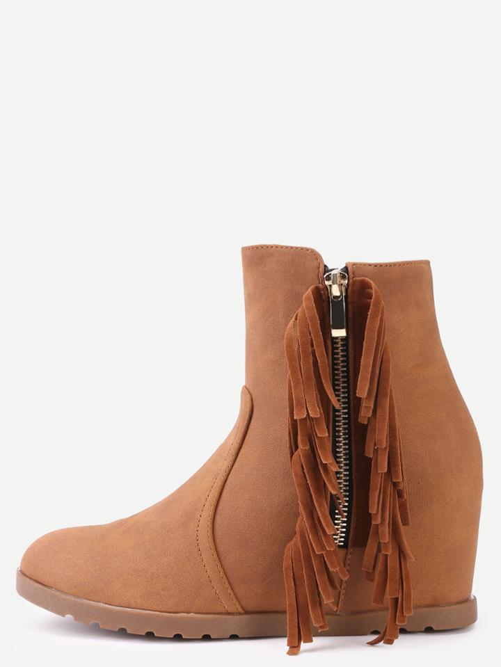 Romwe Brown Faux Suede Tassel Trim Hidden Wedge Boots