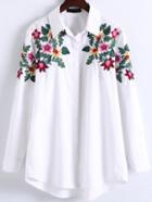 Romwe White Floral Embroidery High Low Blouse