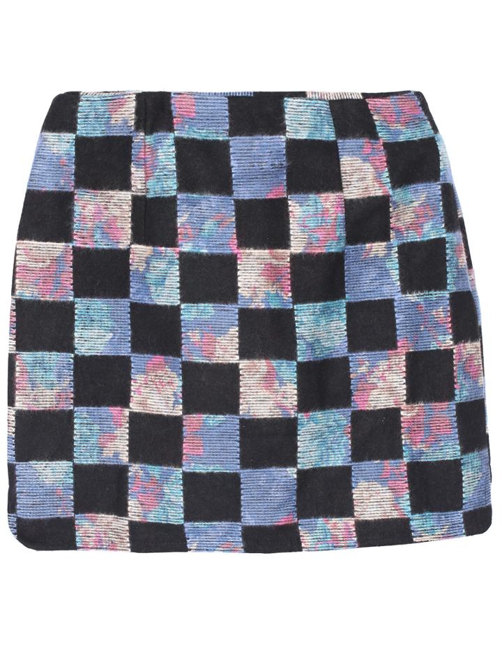 Romwe Floral Plaid Blue Skirt