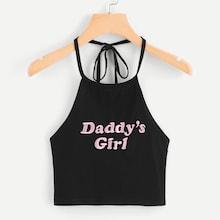Romwe Letter Embroidery Halter Top
