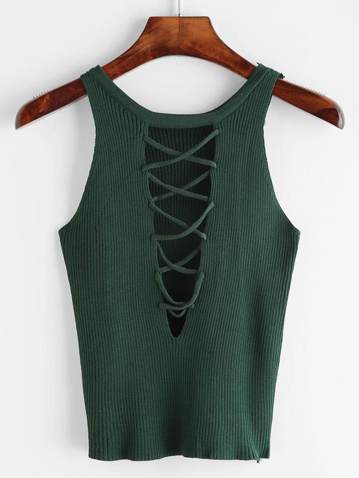Romwe Green Lace Up Back Ribbed Knitted Tank Top