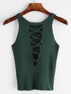 Romwe Green Lace Up Back Ribbed Knitted Tank Top
