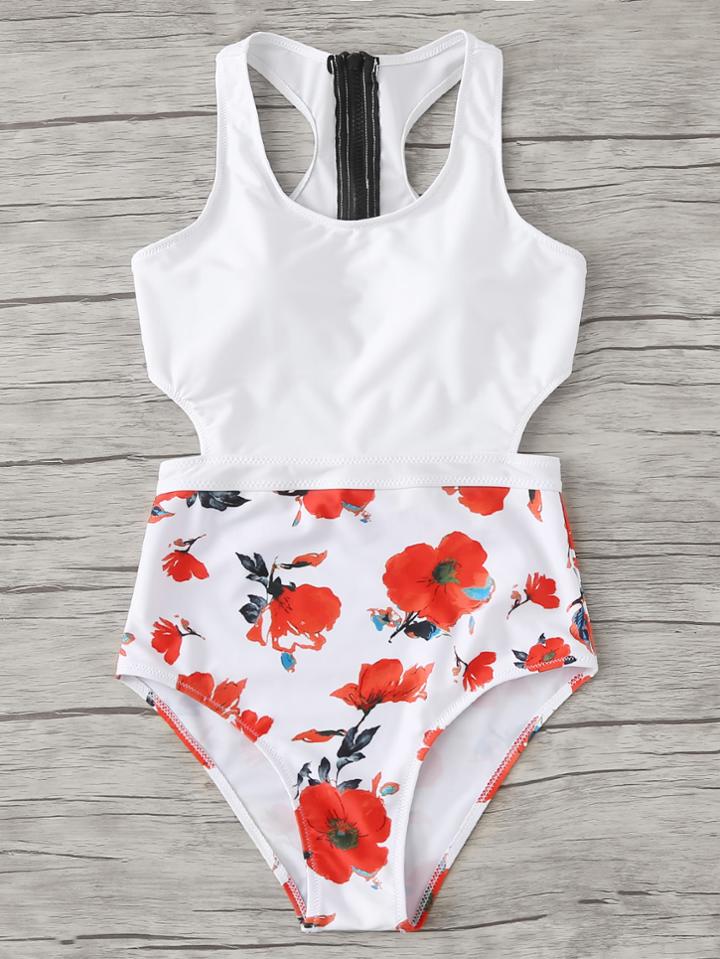 Romwe Flower Print Zipper Detail Swimsuit