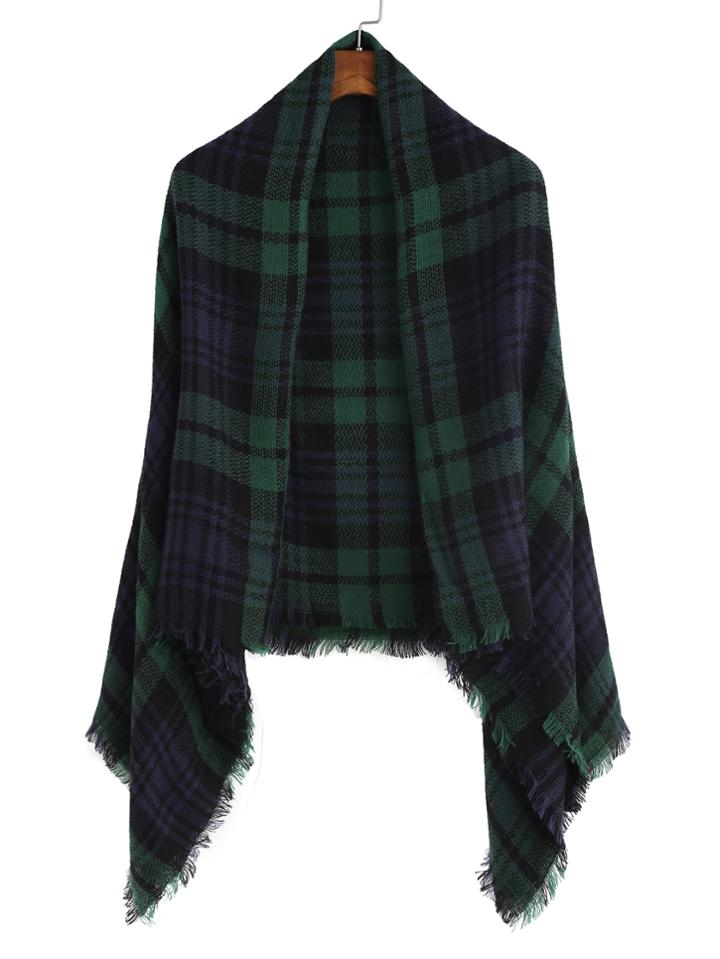 Romwe Vintage Green And Navy Plaid Fringe Shawl Scarf