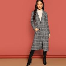 Romwe Notch Collar Single Breasted Glen Plaid Coat