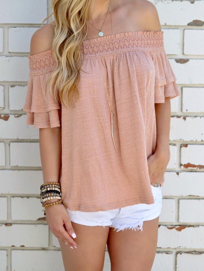Romwe Pink Off The Shoulder Ruffle Cut Out Top