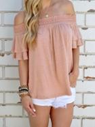 Romwe Pink Off The Shoulder Ruffle Cut Out Top