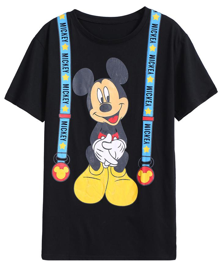Romwe Mickey Letters Print Black T-shirt