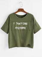 Romwe Army Green Ripped Patch Drop Shoulder T-shirt