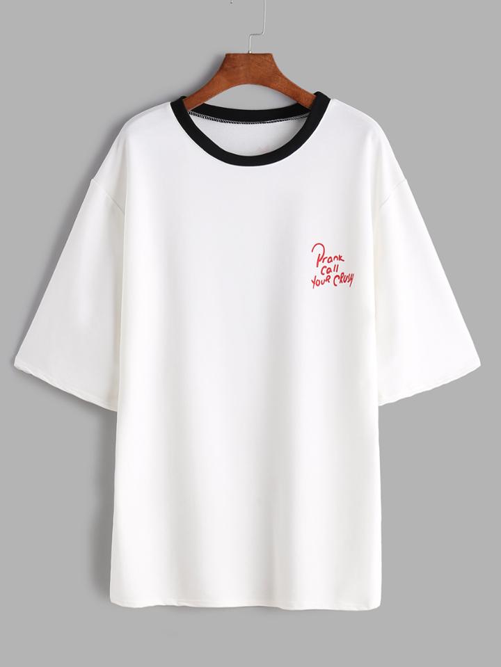 Romwe White Printed Contrast Trim Drop Shoulder T-shirt