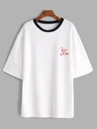 Romwe White Printed Contrast Trim Drop Shoulder T-shirt
