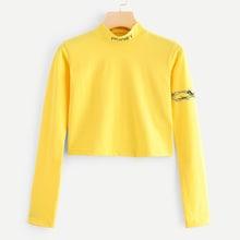 Romwe Letter Embroidery Stand Neck Crop Tee