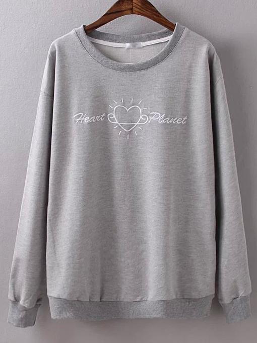 Romwe Grey Heart Embroidery Pockets Sweatshirt