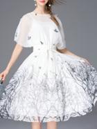 Romwe White Batwing Belted Print Dress