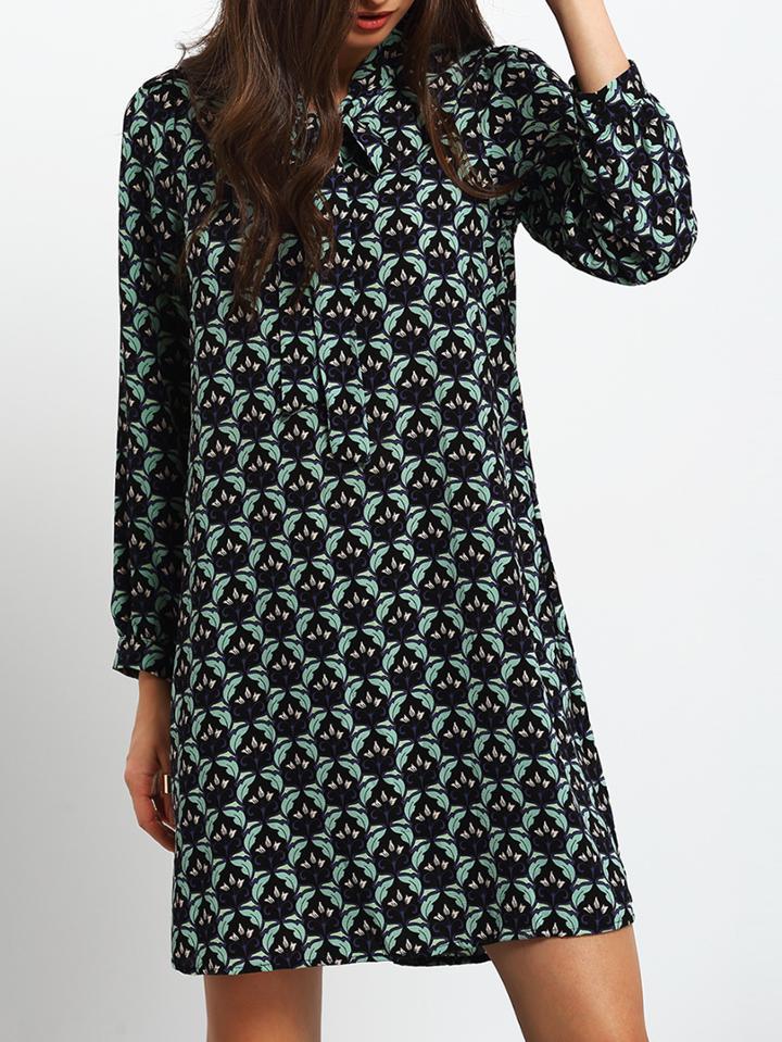 Romwe Tie Neck Print Chiffon Trapeze Shirt Dress