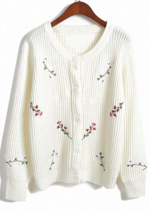 Romwe Floral Buttons Knit White Cardigan