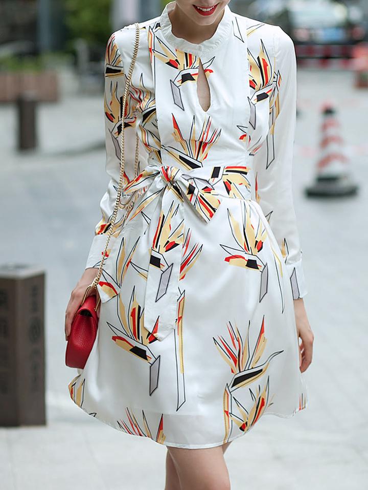 Romwe White Stand Collar Long Sleeve Floral Print Dress