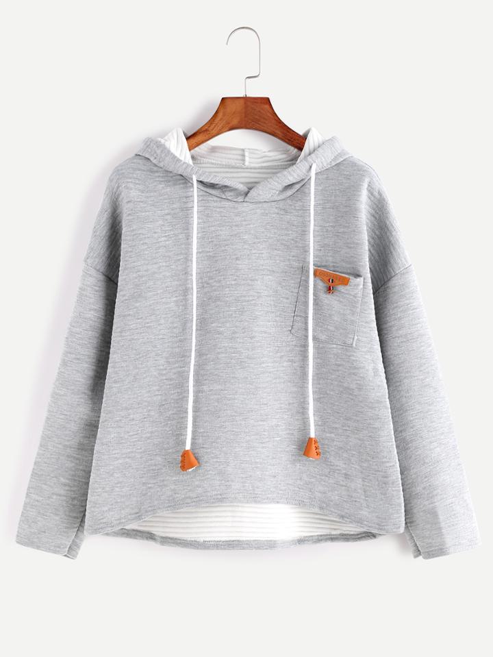 Romwe Pale Grey Dip Hem Patch Pocket Drawstring Textured Hoodie