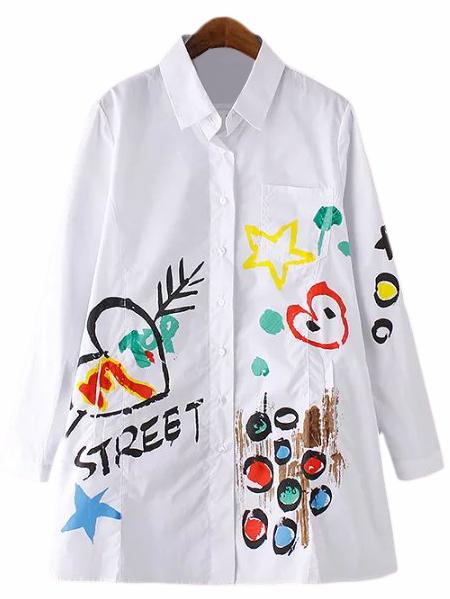Romwe Multicolor Doodle Pocket Long Sleeve Blouse