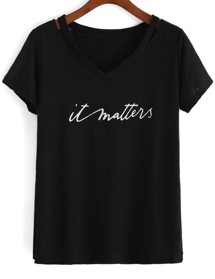 Romwe V Neck Letter Print Black T-shirt