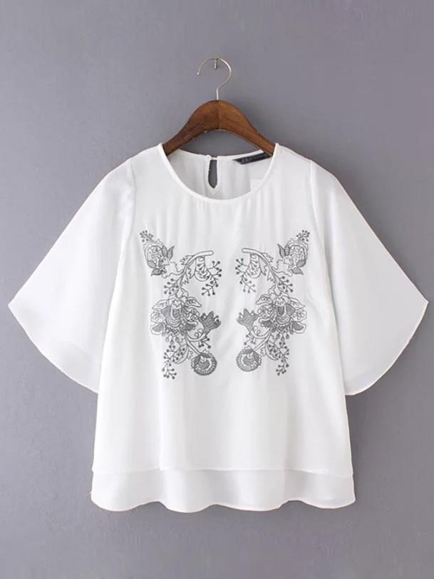 Romwe White Embroidery Key-hole Chiffon Blouse