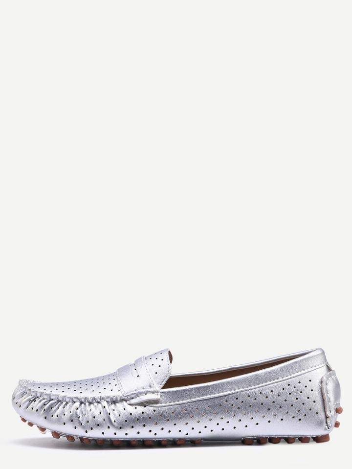 Romwe Metallic Faux Leather Eyelet Loafers - Silver